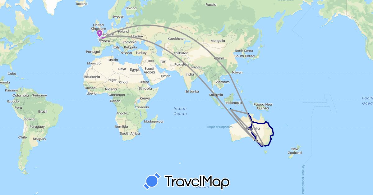 TravelMap itinerary: driving, plane, train, boat, motorbike in Australia, China, France, Indonesia, Singapore (Asia, Europe, Oceania)